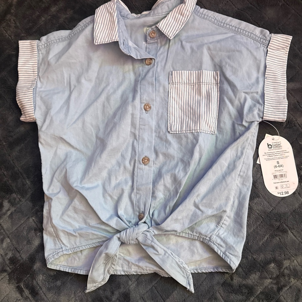 Wonder Nation Light Blue Button Down Shirt with Tie Front